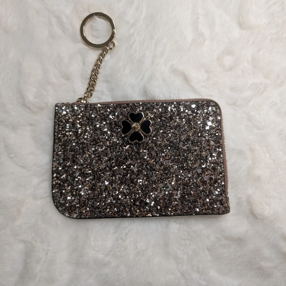 Kate Spade Glitter Card Holder Coin Purse Keychain Silver Black